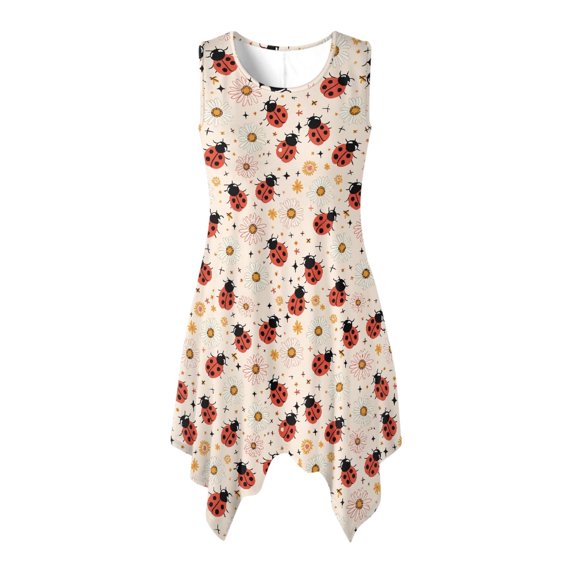 HELLHERO Ladybug Daisies Women Sleeveless Round Neck Irregular Hem Pocket Dress, Side Pockets Summer Sleeveless Dress Crew Neck Summer Sleeveless Sundress