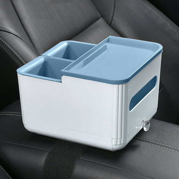 Organizador de reposabrazos para coche con portavasos y dispensador de pañuelos - Compartimento multifunción para consola central, azul/gris/naranja/verde