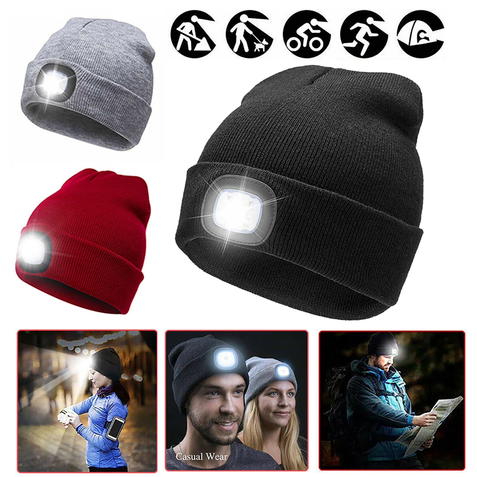 USB Rechargeable 4 LED Beanie Hat One Size Torch Light Outdoors Head Lamp 