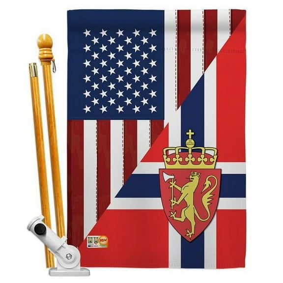 Breeze Decor BD-FS-HS-108386-IP-BO-D-US16-BD 28 x 40 in. US Norway Friendship Flags of the World Impressions Decorative Vertical Double Sided House Flag Set with Pole Bracket Hardware