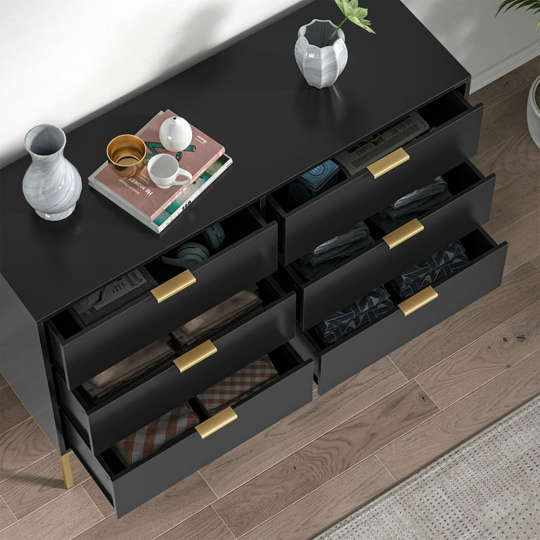 Eumyviv Modern Chest of Drawers with Gold Handles Mid Century Modern  6-Drawer Storage Dresser for Bedroom Living Room, Black H0123 - Walmart.com