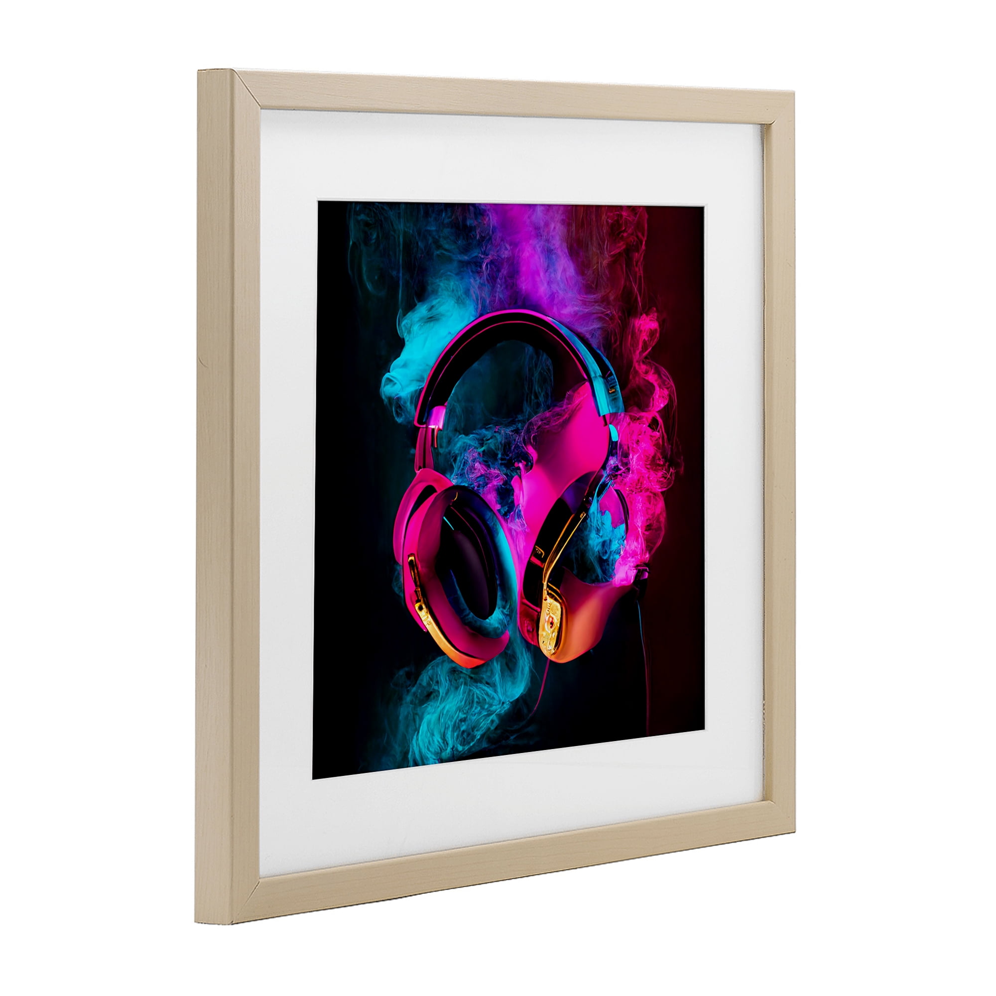Power Play Pink & Blue Headphones Birch Framed Print Under Glass, design by Sasha