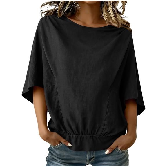 Craaazy Women's Casual Loose Fit Solid Color Crew Neck Shoulder Pleated Linen Cotton Blend Quarter Sleeve Blouse with Elastic Hem for Daily Wear Gifts