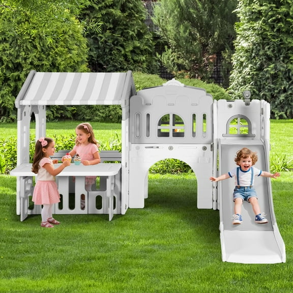 JOYLDIAS 9 IN 1 Toddler Slide Kid Climber Slide Playset Playhouse with Basketball Hoop Indoor Outdoor Backyard Playground Toy (Gray, White)