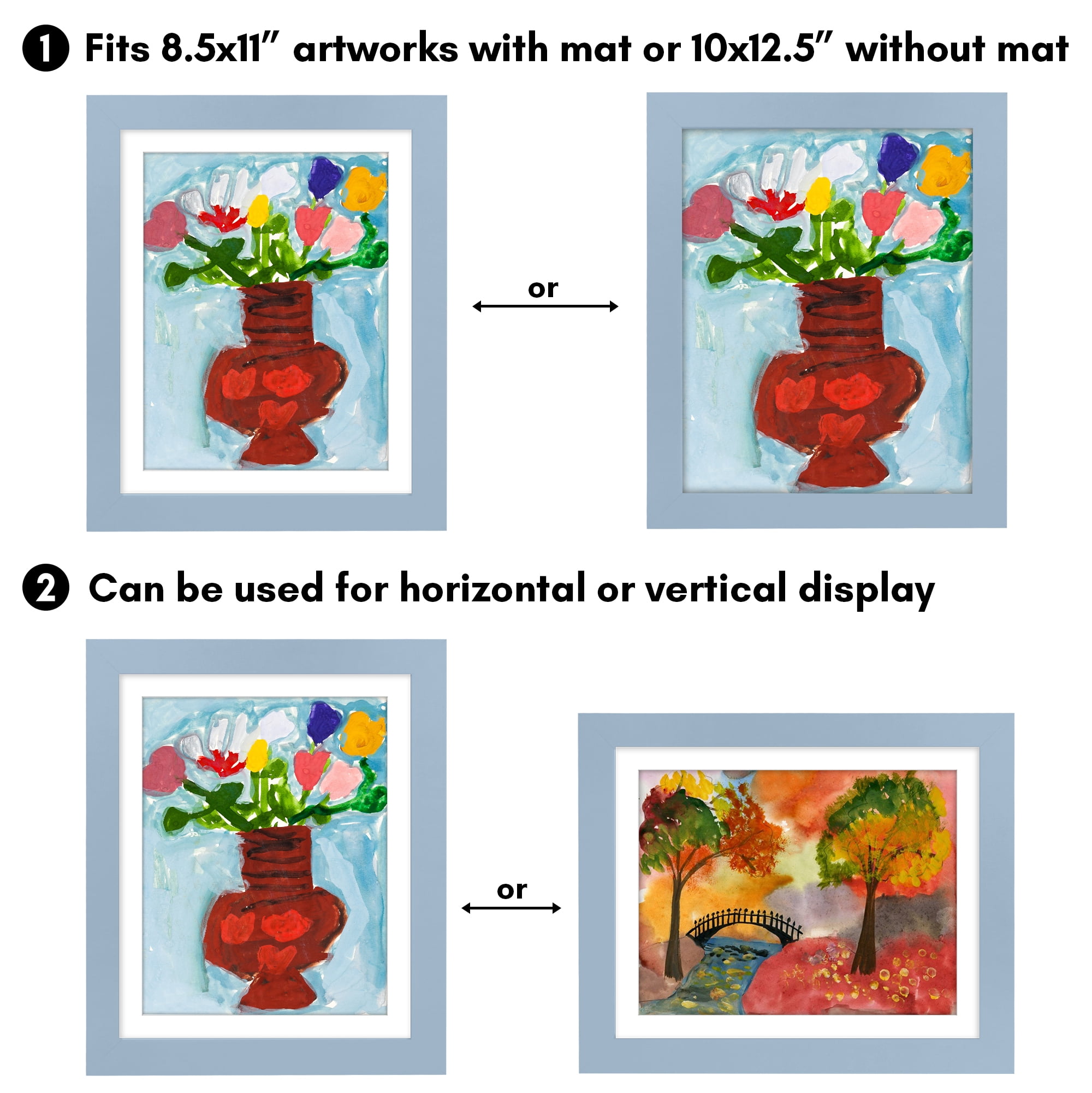 Americanflat 10x12.5 Kids Art Frame with 8.5x11 Mat Holds 100 Art Pieces Magnetic Letter Size Display - Baby Blue