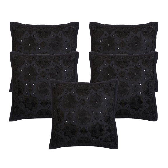 Stylo Culture Ethnic Couch Throw Pillow Covers 16x16 Embroidered Black Bohemian 40x40 cm Living Room Toss Pillow Case Cotton Mirrored Square Cushion Covers | Set Of 5