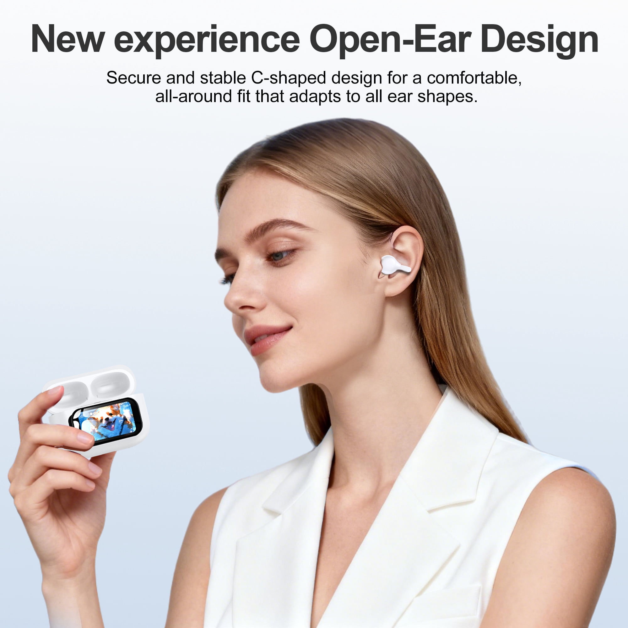 Open-Ear Headphones, Wireless Clip On Earbuds with Touch Screen Charging Case 60H Playtime, Bluetooth 6.0, IPX7 Waterproof, Lightweight Comfort, Stable Fit, Open-Ear Safety Design for Workout/Running