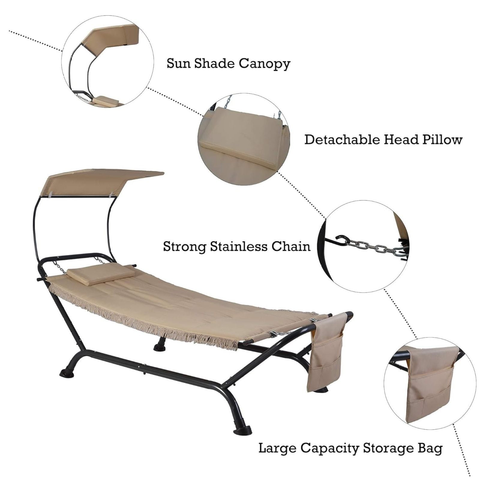 Ailsa Outdoor Patio Hammock with Stand, Pillow, Storage Pockets (Beige Canvas and Black Frame)