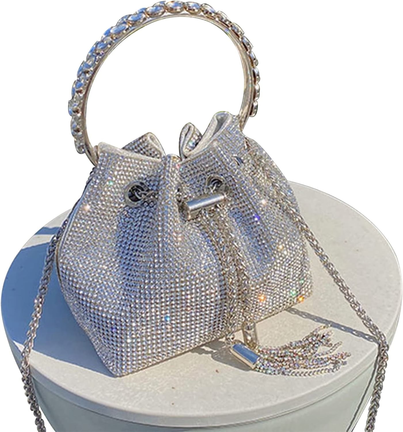 Silver Soft Leather Metallic Bucket Bag with Crossbody Chain Purse for Dresses