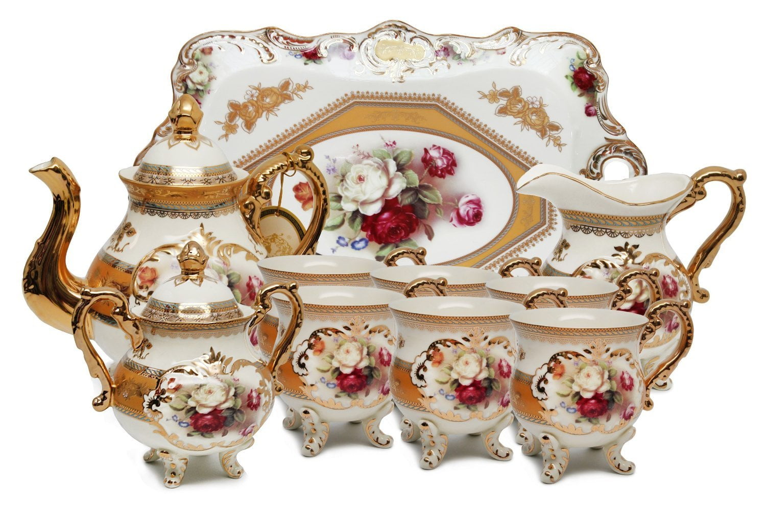 Euro Porcelain 12piece Tea Coffee Cup & Serving Set w/Tray, 24 Kt Gold