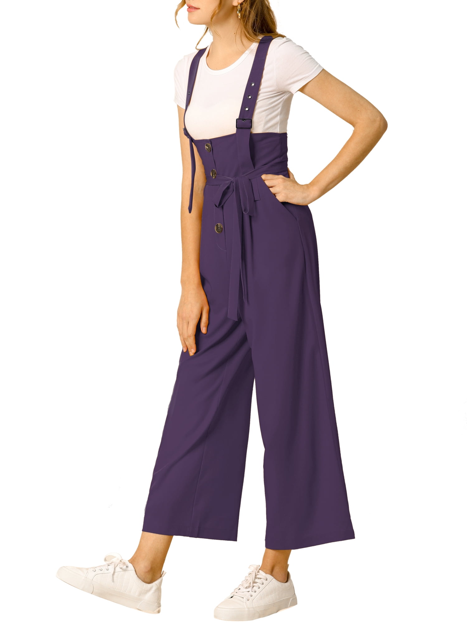 DARING DIVA Women's Button Front High Waist Belted Overall Jumpsuit M Dark Purple