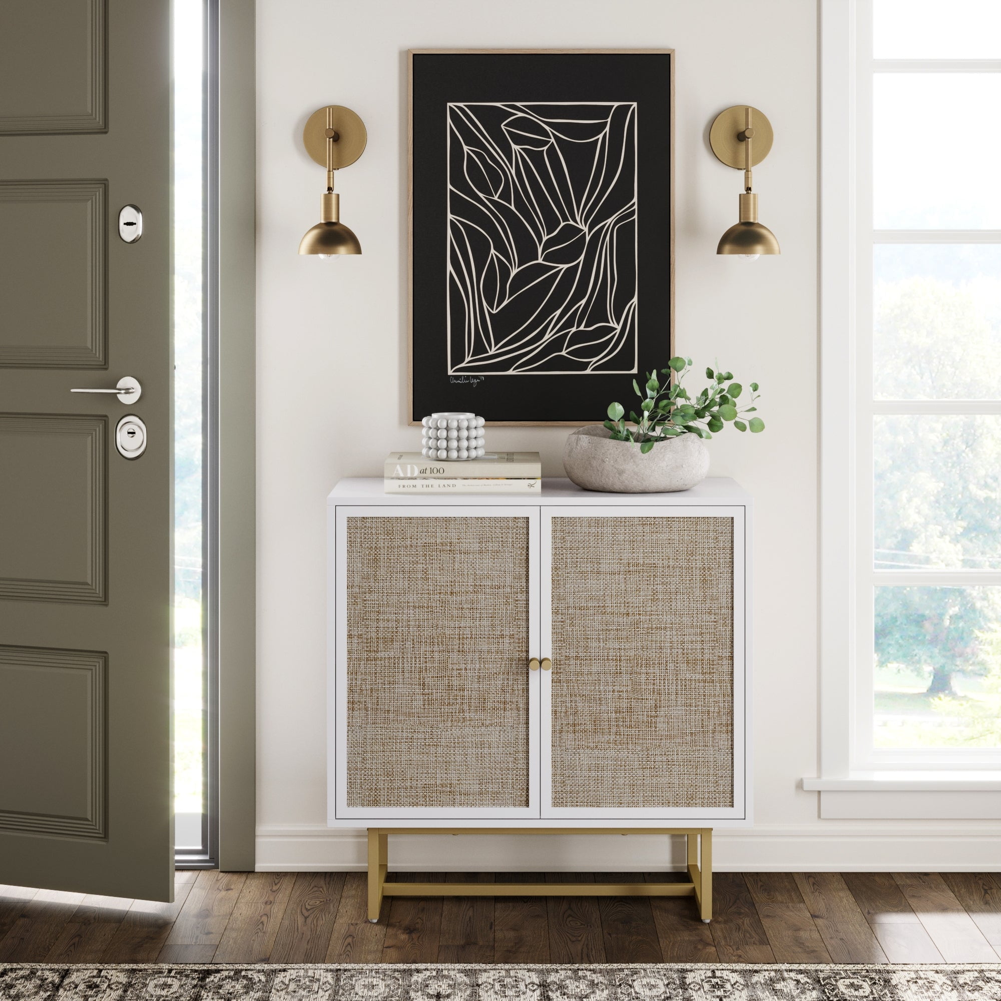 Nathan James Kova Natural Cane Rattan Doors Accent Cabinet with Brass Metal Base and Adjustable Shelf