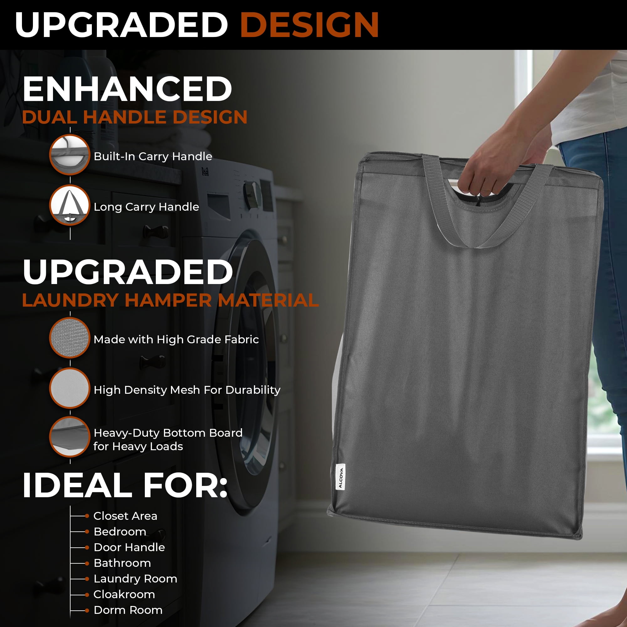 ALCOVA Hanging Laundry Hamper, Slim Space-Saving Hanging Closet Laundry Bags, Heavy Duty Mesh Bag with Handles and Hooks, Grey (2 pack)