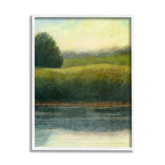 Rural Pond Grassland Nature Landscape Graphic Art White Framed Art Print Wall Art