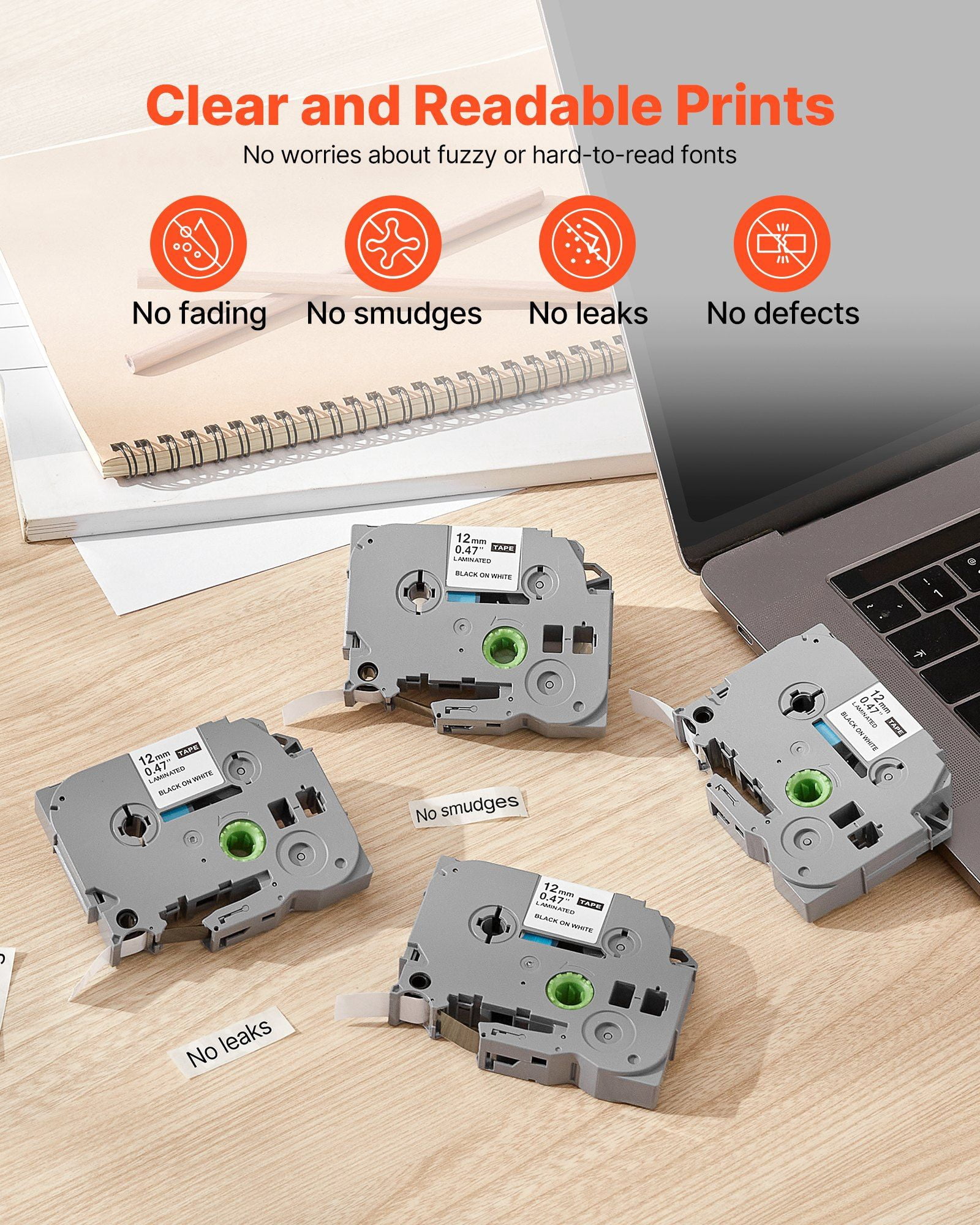 4-Pack 12mm Black on White Label Maker Tape - Brother TZe-231 Refill Cartridge for PT-D200/PT-H100 Series - Durable Thermal Printing Labels for Office & Home Organization