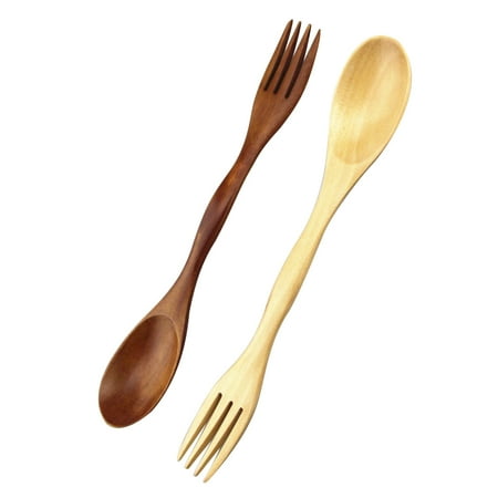 

1 Pcs Dark Brown Wooden Spoon fork Portable Dual-Purpose Natural Eco-Friendly Tableware
