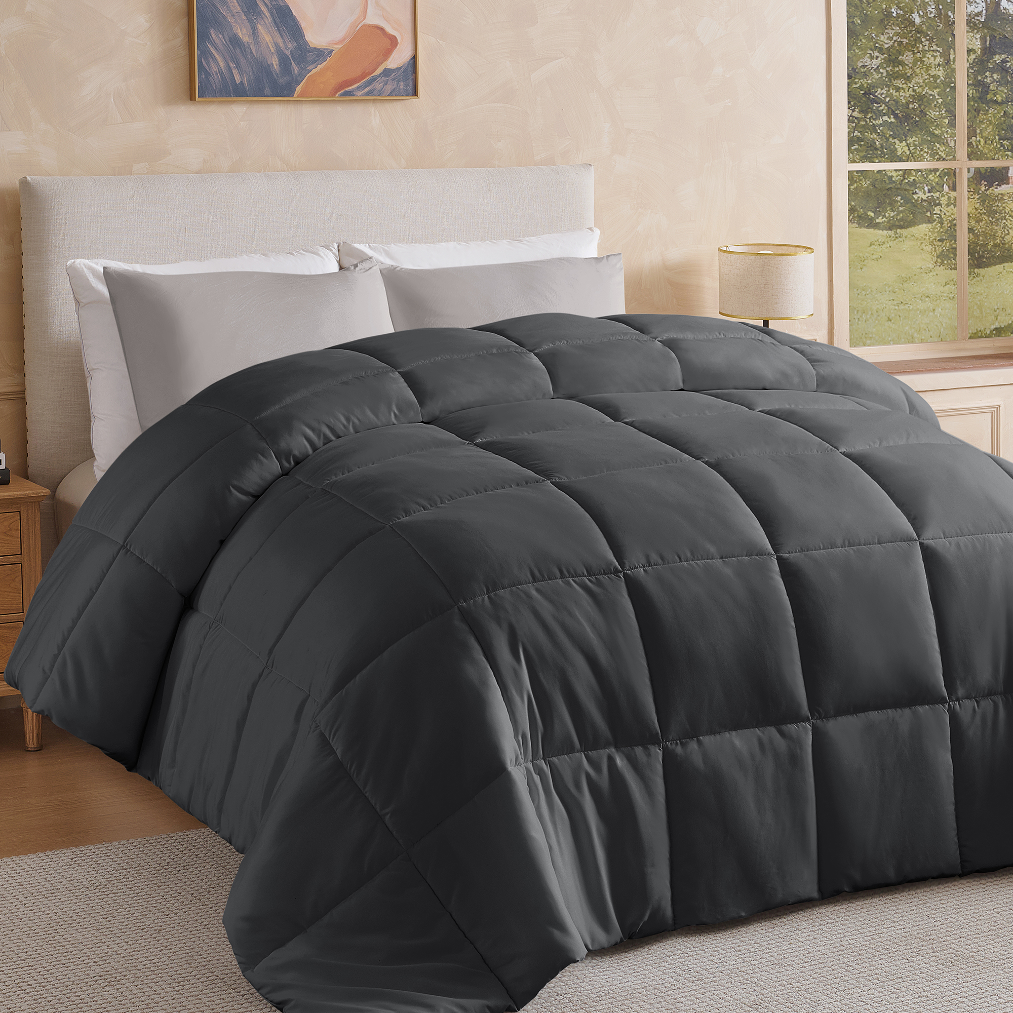 Aquzin Comforter Queen Size, All Season Quilted Down Alternative Duvet Insert with Corner Tabs, Machine Washable Microfiber Bedding, Gray