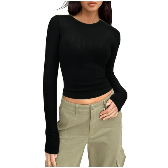Oplxuo Women’s Ruched Long Sleeve Shirts Tight Fitted Going Out Crop Tops Crewneck Basic Tee Y2k Teens Girls Clothes