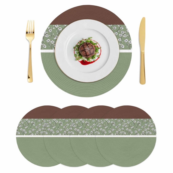Sage Green Brown Flowers Round 15 Inch Placemats Set of 4, Classic Botanical Art Elegant HeatResistant Non Slip Place Mats for Dining Table, Wipeable Braided Kitchen Table Mats for Housewarming