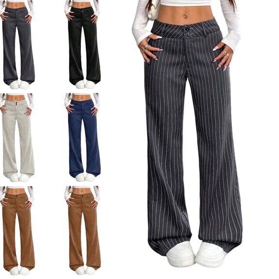 MLCDZ Women's Elastic High Waisted Versatile Pinstripe Wide Leg Pants Flowy Lightweight Stretchy Dress Pants Casual Sports Work Trousers with Pockets
