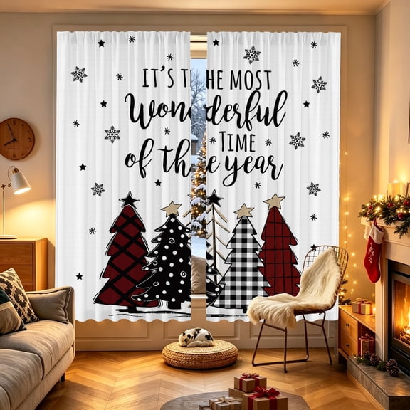 Black‑White‑Plaid Text Fir‑Tree Pattern Printed Window Curtain, 53.9x17.7/27.5x39.3/27.5x59 inch, Polyester, Light Block, Indoor Household Decor