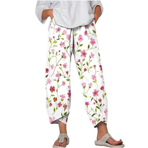 MIUOWANP Plus Size Women's Casual Capri Pants with Pockets Floral Print High Waisted Elastic-Waisted Loose Trousers Size L(8)Pink