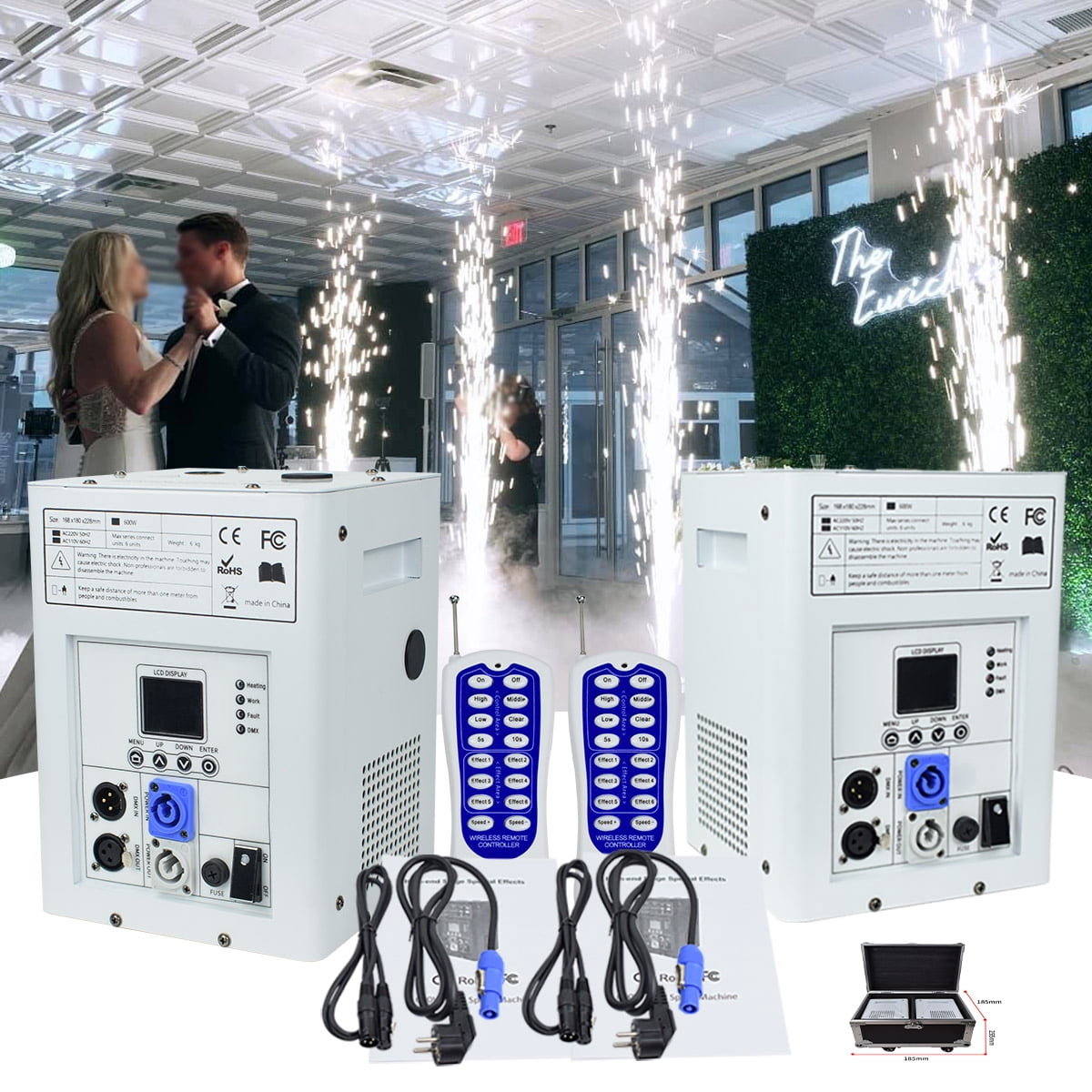 2Pack Cold Spark Machine DMX Firework Machine LCD Screen for Wedding Stage Party DJ Disco, White with Road Case