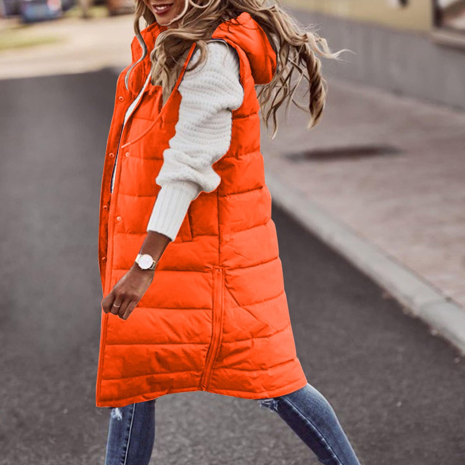 Womens Puffer Vest Sleeveless Hooded Long Quilted Vests Zip Up Lightweight Puffy Winter Jackets Gilet with Pockets