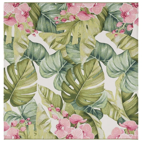 SAFAVIEH Barbados Evan Botanical Indoor/Outdoor Area Rug, Green/Pink, 6'6" x 6'6" Square