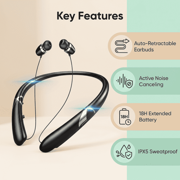 Neckband Bluetooth Headphone, Sweat Resistant Noise Cancelling Stereo Headphones and Retractable Headset Wireless Sports Earbuds for Music, Conference, Sports, Black