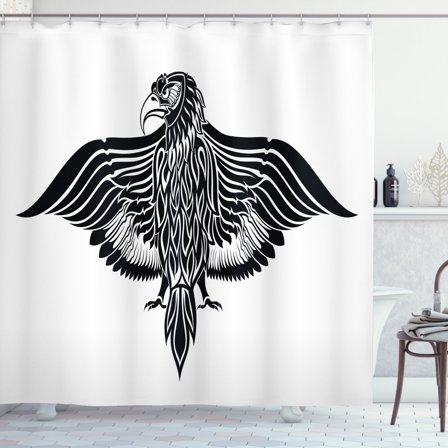 Eagle Shower Curtain, Traditional Motif Heraldic Design Inspirations Monotone Medieval Crest Bird, Fabric Bathroom Set with Hooks, 69W X 75L Inches Long, Black and White, by Ambesonne