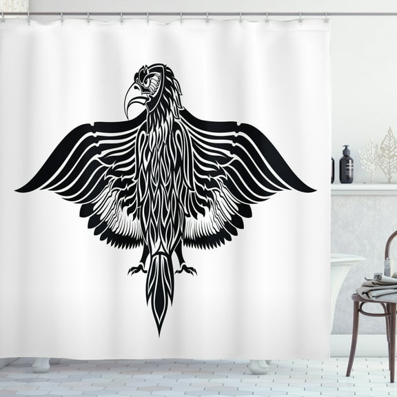 Eagle Shower Curtain, Traditional Motif Heraldic Design Inspirations Monotone Medieval Crest Bird, Fabric Bathroom Set with Hooks, 69W X 70L Inches, Black and White, by Ambesonne