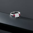 thumbnail image 5 of Gem Stone King 2.00 Cttw 10K White Gold Moissanite and Red Created Ruby 3 Stone Engagement Ring for Women | Cushion 7MM and 3MM |Three Stone Wedding Promise Ring (Size 5), 5 of 5