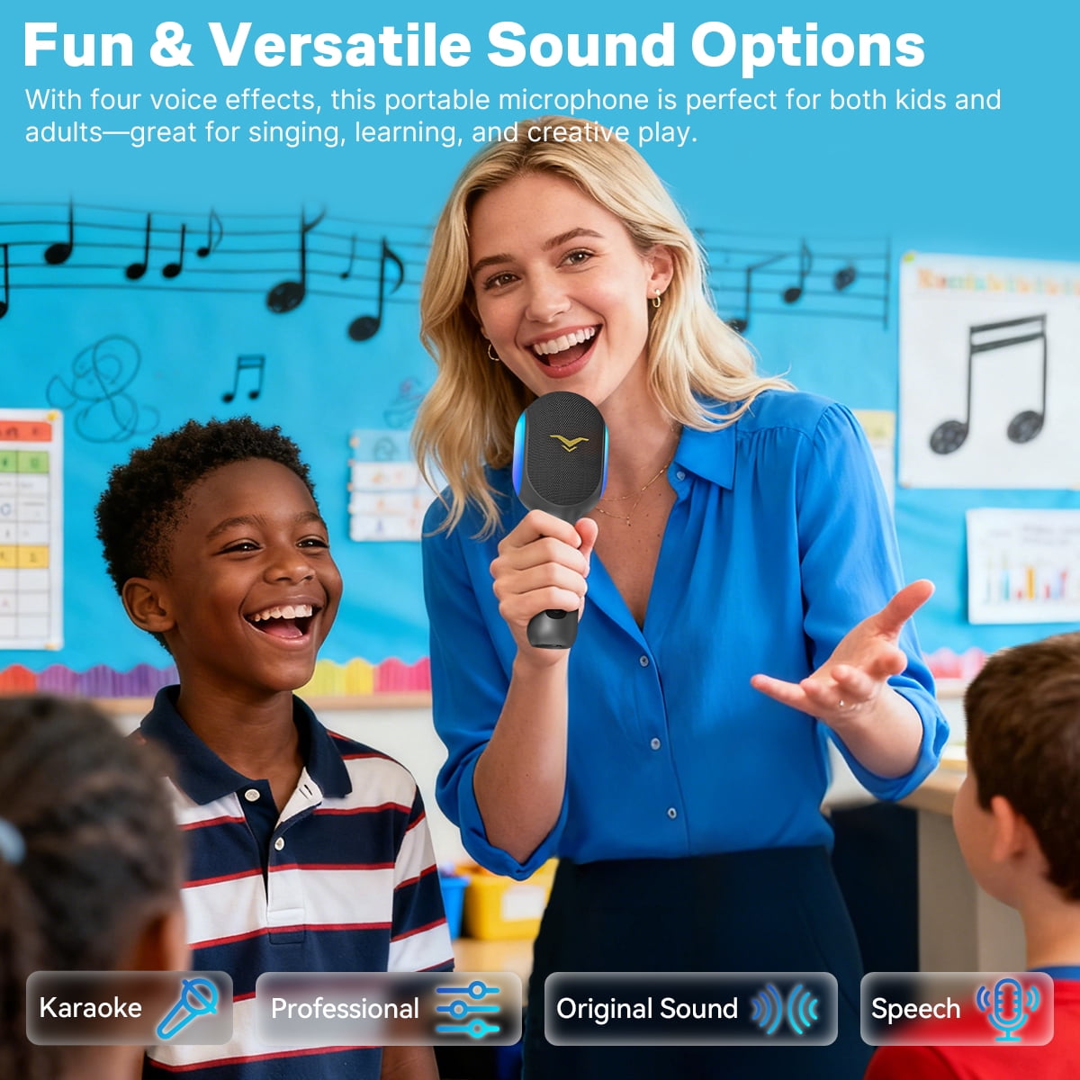 StageSound Wireless Bluetooth Karaoke Microphone, 5-in-1 Portable Handheld Mic with Dynamic RGB Lights, Mini Karaoke Machine for Car Travel Party, Recording, Duet Singing, Gift for Kids Adults