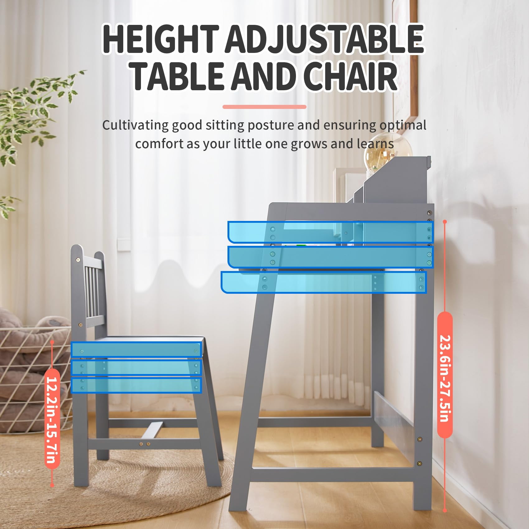 UNICOO® Kids Desk and Chair Set – Durable, Modern Study Table for Homework & Art – Ergonomic Design – Grey 01