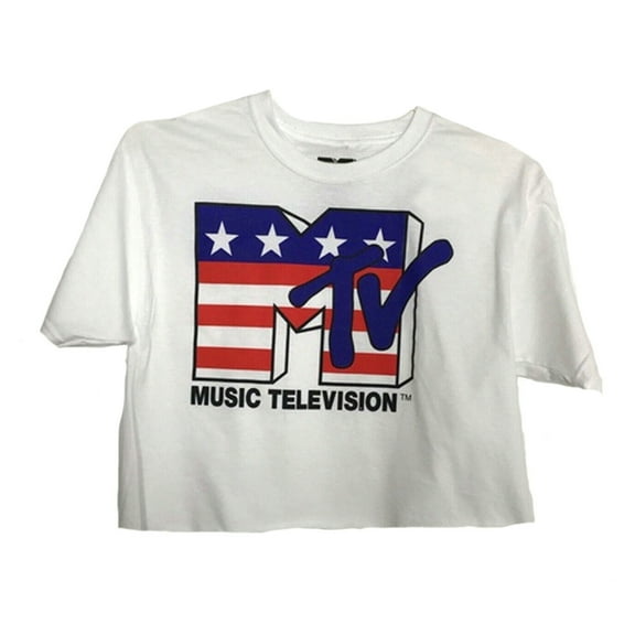 MTV Music Television Junior Women's American Flag Cropped T-Shirt (Large)
