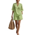 thumbnail image 2 of Lumtrix Womens Linen 2 Piece Sets V-Neck Shirt And Shorts Linen Cotton Two-Piece Set Dressy Casual Loose Fit Travel Matching Outfits Green XL, 2 of 3