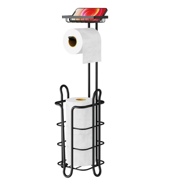 Amdohai Toilet Paper Holder Stand, Toilet Paper Roll Holder Stand with Shelf, Toilet Paper Holder Free Standing Black with 4 Raised Feet for Bathroom Storage