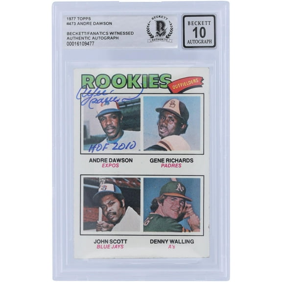 Andre Dawson Montreal Expos Autographed 1977 Topps Series 2 #473 Beckett Fanatics Witnessed Authenticated 10 Rookie Card with "HOF 2010" Inscription - Fanatics Authentic Certified