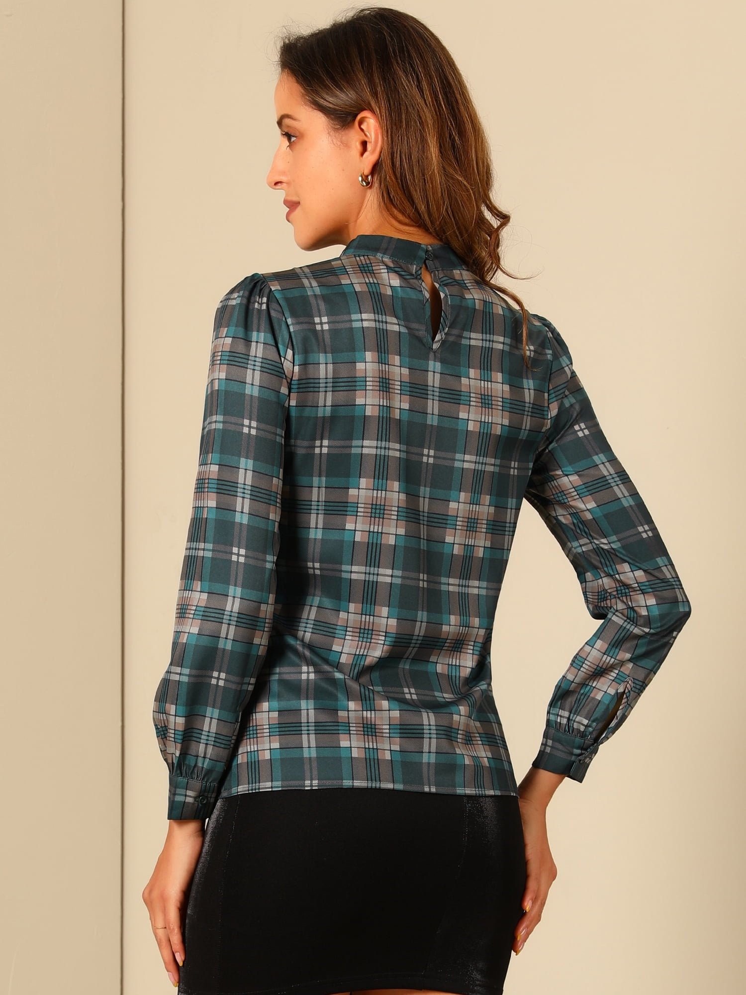 DARING DIVA Bow-Tie Neck Office Work Checks Shirt Top S Dark Green