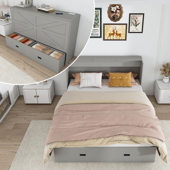 Youmumeub Modern 57" Full Size Murphy Bed with Storage & Charging Station, Gray Rolling Folding Cabinet Bed, Space Saving Guest Bed with Drawers & Mattress