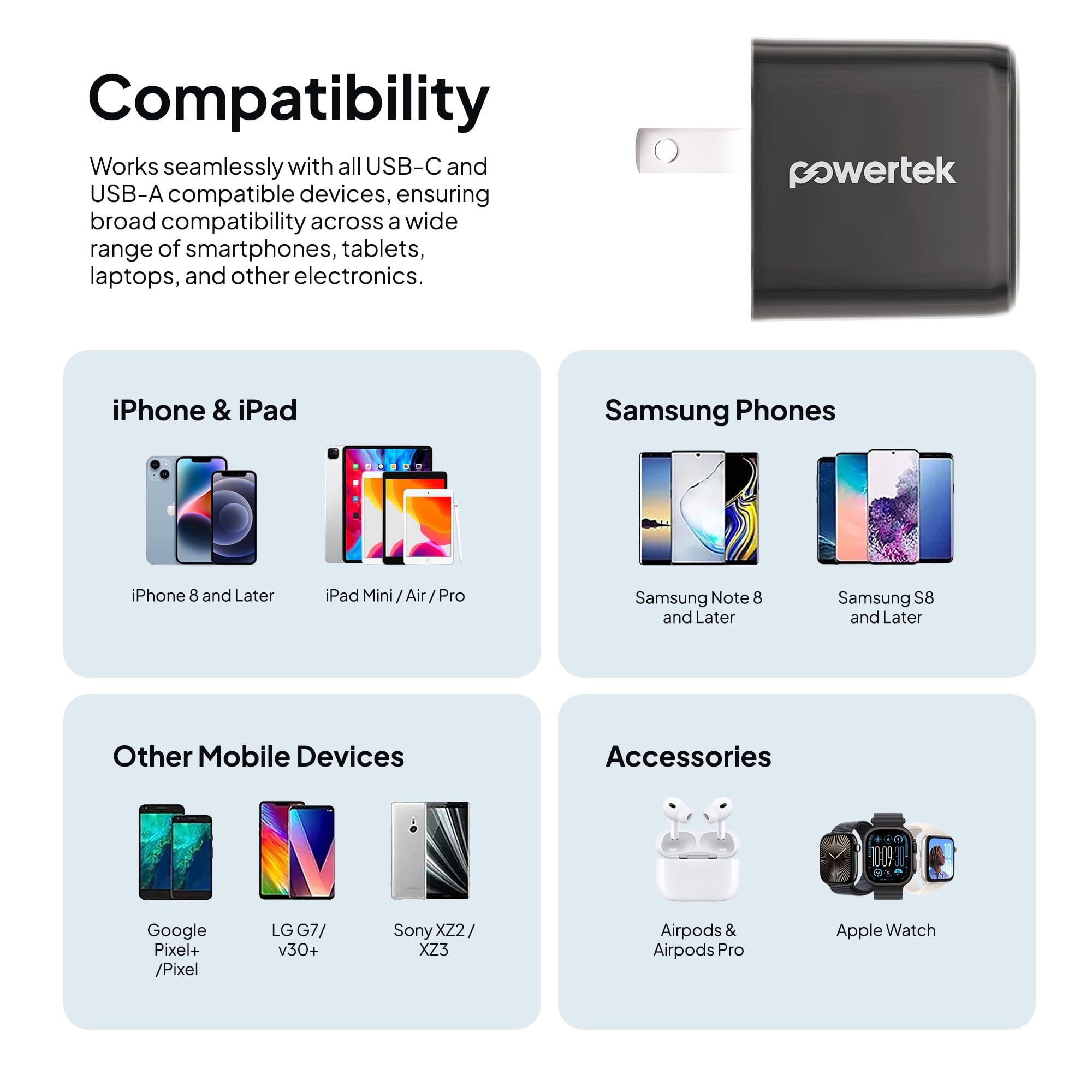Powertek Luxe 20W USB-C + 18W USB-A Fast Charging Dual Port Block, Gray, Compatible with iPhone, Android, Tablets & USB Devices, Compact Travel Adapter