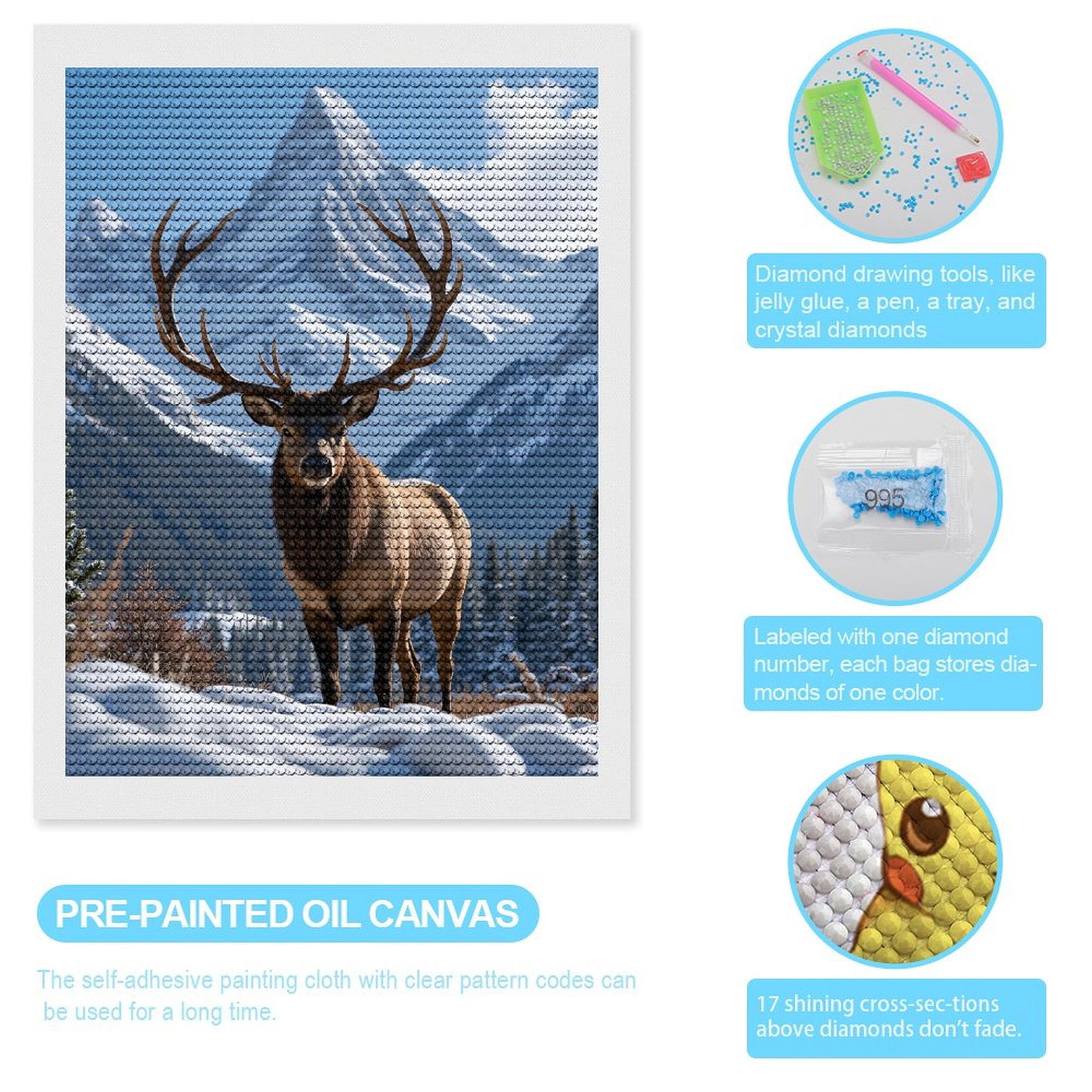 Diamond Art Kits for Adults - Majestic Elk Winter Mountain Scene 5d Diamond Painting for Adults, Diamond Art for Adults Beginners, Frameless Diamond Painting Kits for Adults for Home Wall Decor
