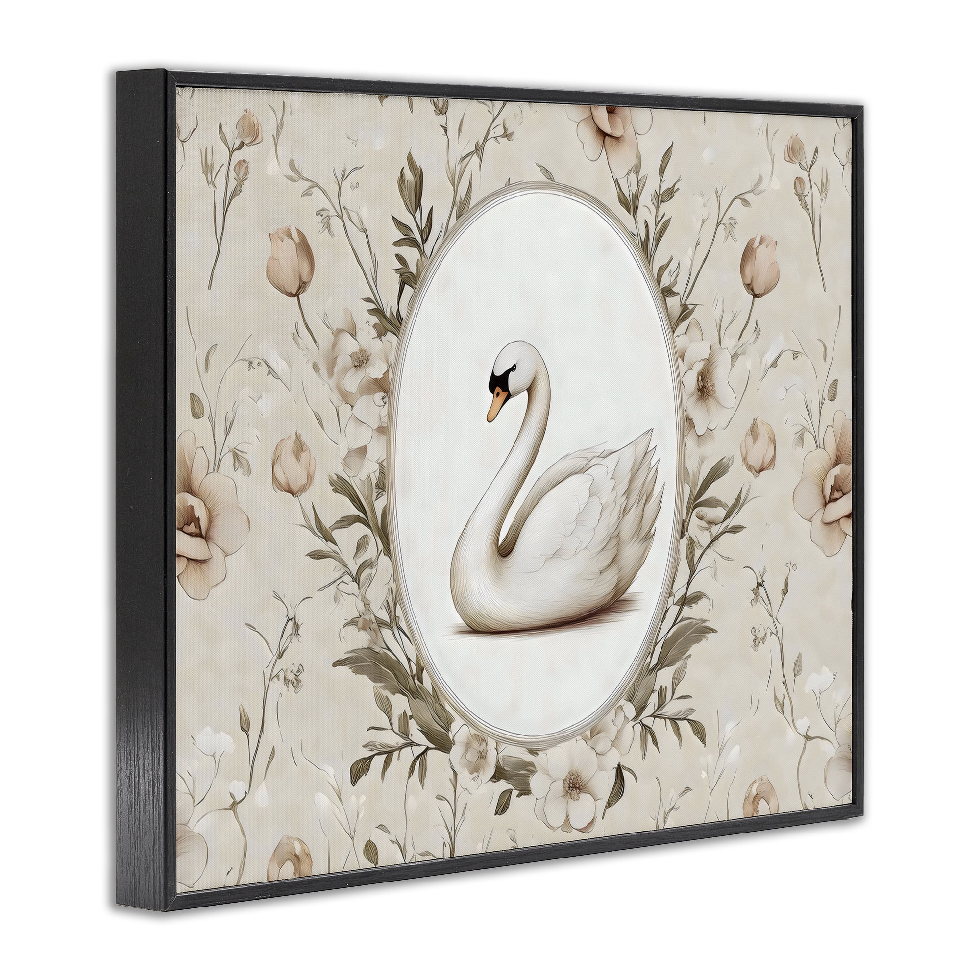 Stupell Industries Swan Vignette in Floral Border Black Framed Giclee Art, design by Arlington Prints