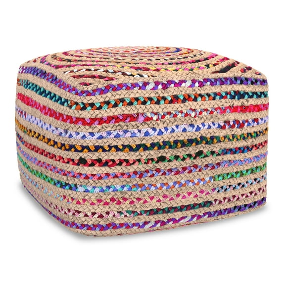 Simpli Home Margo 20 inch Wide Boho Pouf in Multicolor Natural Jute/Cotton Chindi, Assembled