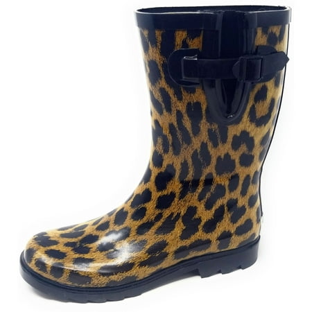 Women Mid-Calf 11'' Rubber Rain Boots with Leopard Print, Size