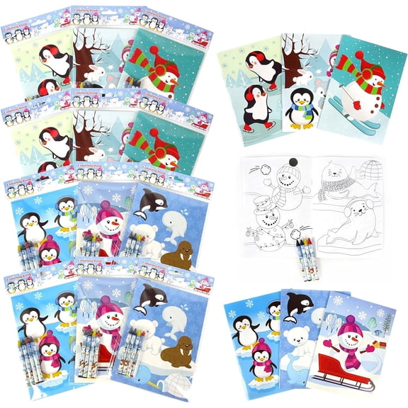Tinymills Winter Snowman Penguins Coloring Book Crayon Set for Kids Party Favors, 12 Books & 48 Crayons