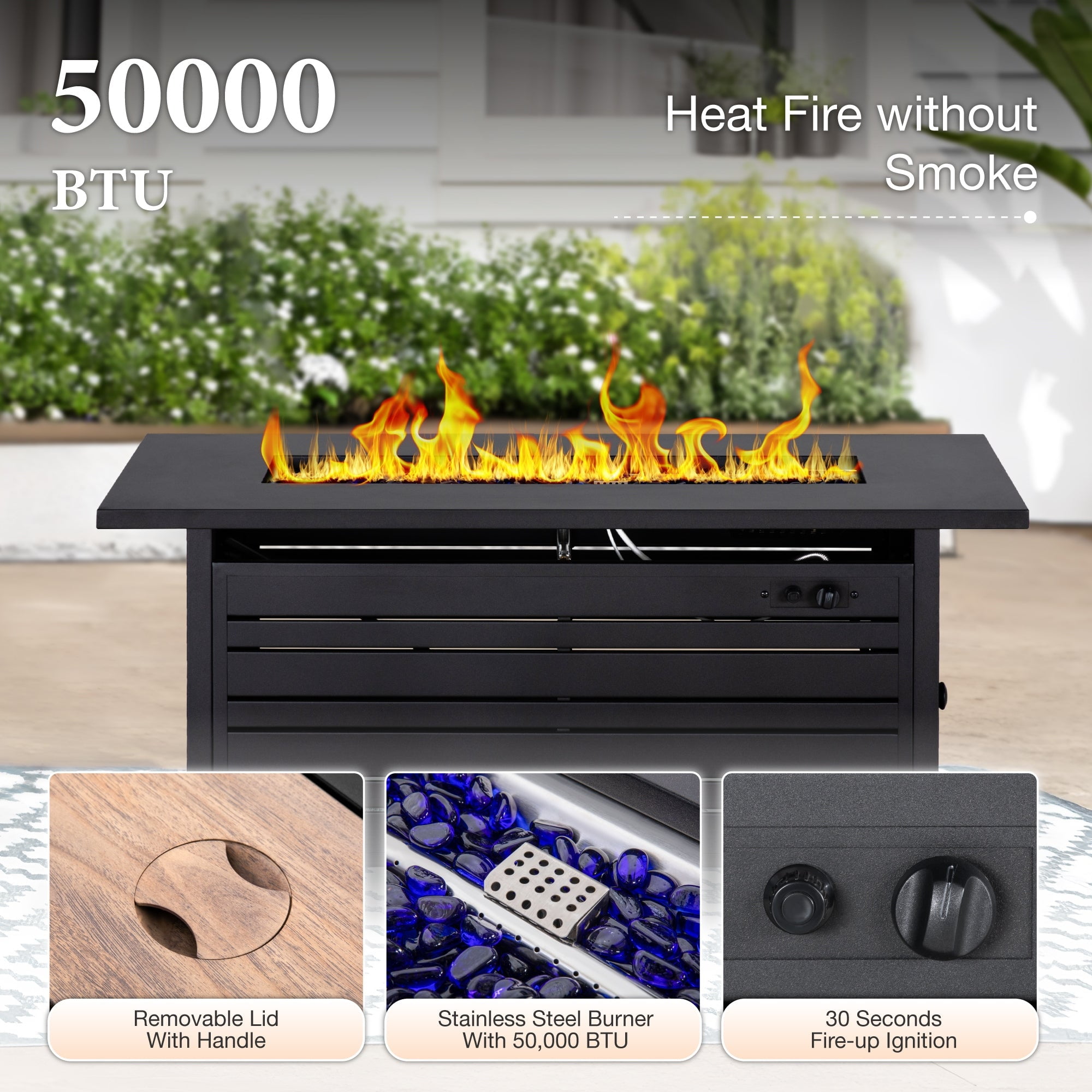 SUMMIT LIVING 56" Rectangular Propane Fire Pit Table, 50,000 BTU Gas Fire Pit with Lid and Blue Fire Glass, Black