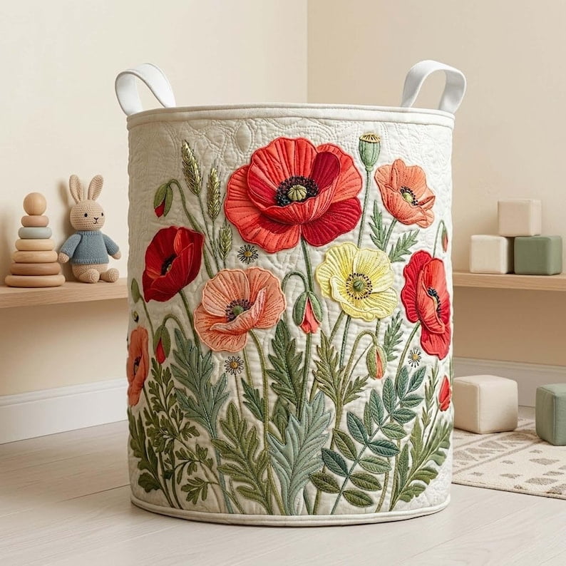 Scarlet Poppy Dream Quilted Laundry Basket: Wild Flowers Field Hamper, Floral Hill Storage Bin