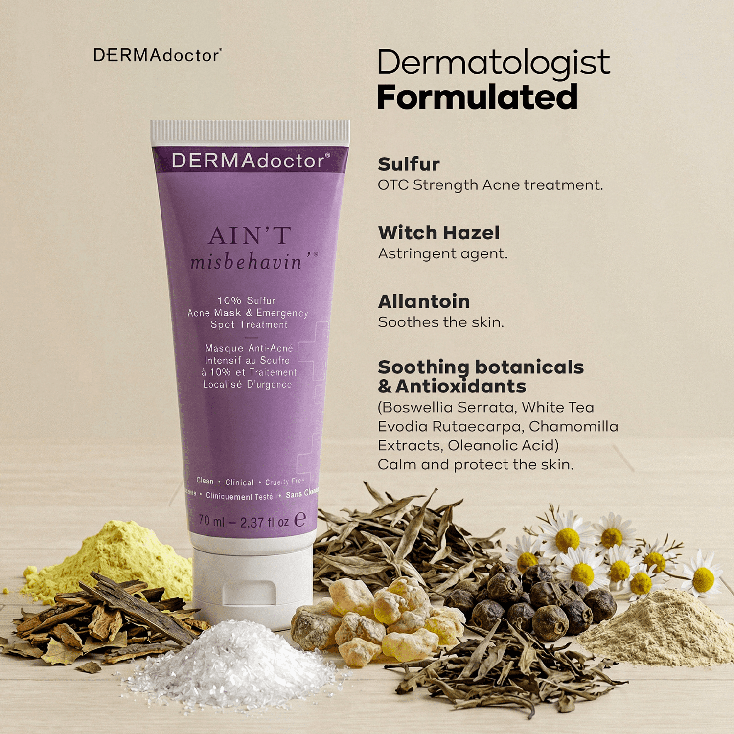 DERMAdoctor Ain’t Misbehavin’ 10% Sulfur Acne Face Mask | Intensive Treatment for Breakouts, Pore Care, 2.3 fl oz
